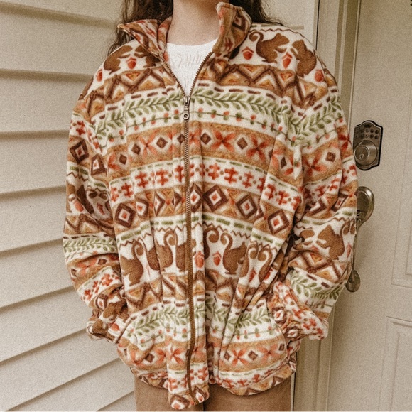 Vintage BonWorth XL Squirrel Fall Fleece Zip Jacket Boho Tribal Y2K - Picture 10 of 10